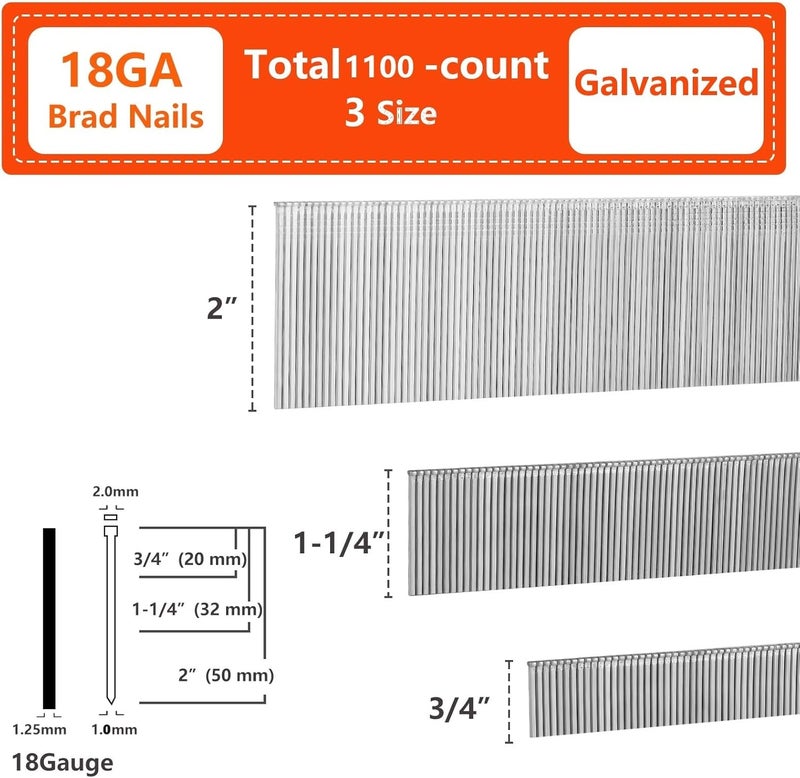 SITLDY 18 Gauge Galvanized Brad Nails 1100-Pack (3/4"-400, 1-1/4"-400, 2"-300 Pcs), Assorted Size Project Pack, for Pneumatic, Electric Brad Nailers - Image 2